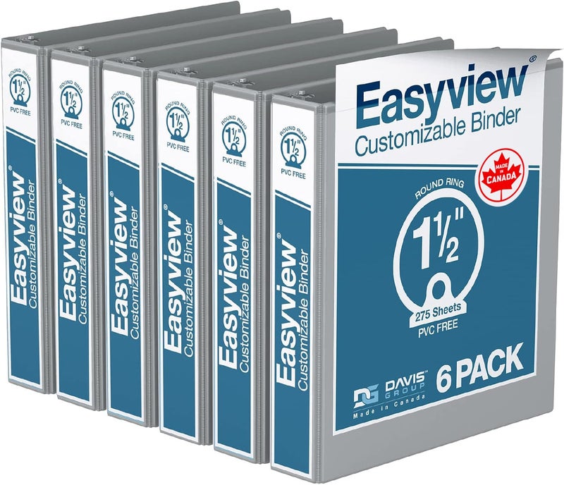 Davis Group Easyview Premium 3-Ring Binders with Clear-View Covers and Round Rings, Binders for School or Office, 1.5 Inch, Pack of 6, Gray - Image 1